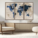 Vintage Blue World Map Canvas Wall Art – Antique Style