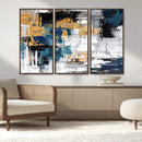 Blue and Gold Abstract Canvas Wall Art – Triptych Modern