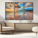 Sunset Ocean Waves on Tropical Beach, 3-Panel Giclee Canvas