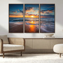 Sunset on the Ocean Beach with Waves, Reflections on Sand,