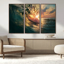 Ocean Wave Sunset Canvas Wall Art – Triptych Seascape Print