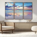 Tranquil Pastel Sunset Beach Triptych Canvas Art, Soothing
