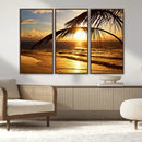 Golden Tropical Beach Sunset Canvas Triptych, Coastal Palm