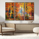 Autumn Red Forest Triptych Canvas Wall Art Print, Forest
