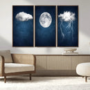 Dark Blue Cloud Art, 3 Piece Indigo Blue Wall Art, Aesthetic