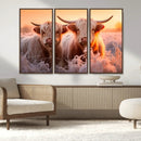 Highland Cows at Sunrise Wall Art Canvas Set – Serene and