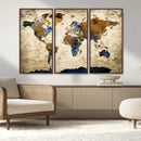 World Map Wall Art – Antique Style Blue and Brown Map Canvas