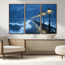 Stormy Ocean Pier Lights Canvas Wall Art Print - Large Moody