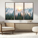 Misty Pine Forest Wall Art Canvas, Sunrise Over Foggy Trees
