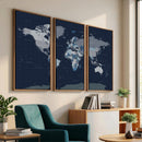 Blue Detailed World Map Wall Art Canvas Print, Modern Framed