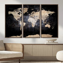Grunge World Map Wall Art | 3-Panel Large Beige and Brown