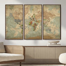 World Map Wall Art Canvas Print, Rustic Map Print, Framed