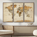 Vintage World Map Canvas Print – Framed Rustic Detailed Map