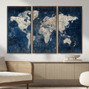 Large Blue World Map Wall Art Canvas Print for Home Office