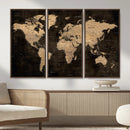 Brown World Map Canvas Print – Modern Travel Map Wall Art,