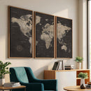 World Map Canvas Wall Art Dark Charcoal Antique Tan Detailed