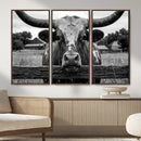 Black White Texas Longhorn Bull Canvas Wall Art, Western Ranch Cattle Photography Print, Rustic Farmhouse Cowboy Decor Artwork by MyGreatCanvas | Canvas Wall Art Prints | Photo Prints & Wall Decor