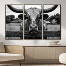 Black White Texas Longhorn Bull Canvas Wall Art, Western Ranch Cattle Photography Print, Rustic Farmhouse Cowboy Decor Artwork