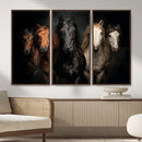 Horse Wall Art Canvas Print, Wild Horses Portrait Photography, Dramatic Equestrian Decor, Black Brown White Horse Herd, Rustic Ranch Art