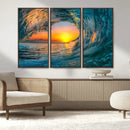 Ocean Wave Sunset Wall Art | Large Coastal Wave Canvas Print