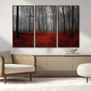 Red Forest Floor Canvas Wall Art – Mystical Foggy Woodland