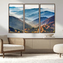 Misty Mountain Sunrise Triptych Canvas Print – Autumn