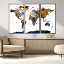 Modern Abstract World Map Canvas Wall Art – Framed Blue and