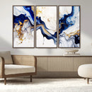 Golden Cascades on Midnight Blue – Deep Blue Abstract Wall