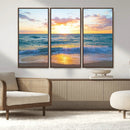 Golden Sunset Over Ocean Waves - Serene Coastal Triptych