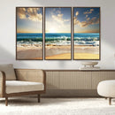 Golden Sunset Beach Triptych Canvas Wall Art for Living Room