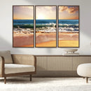 Sunset Beach Wall Art - 3-Panel Framed Canvas Print, Ready