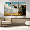 Longhorn in the Prairie - Stunning Ranch-Style Triptych Wall