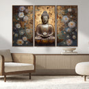 Golden Buddha Wall Art Canvas Print | Zen Meditation Floral