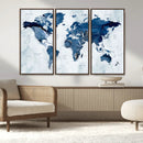 Modern Blue World Map Canvas Print – Framed Wall Art,