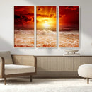 Red Sunset Ocean Beach Canvas Wall Art Beach Canvas, Coastal