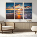 Sunset on the Ocean Beach with Waves, Reflections on Sand,
