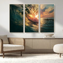 Ocean Wave Sunset Canvas Wall Art – Triptych Seascape Print