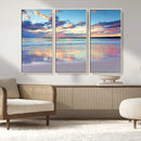 Tranquil Pastel Sunset Beach Triptych Canvas Art, Soothing
