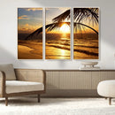 Golden Tropical Beach Sunset Canvas Triptych, Coastal Palm