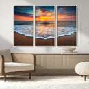 Sunset Beach Canvas Wall Art – Colorful Ocean Waves Triptych