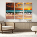 Golden Sunset Beach Canvas Wall Art – Triptych Seascape