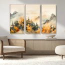 Abstract Watercolor Mountains and Trees Autumn Art,