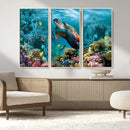 Sea Turtle and Coral Reef Triptych Wall Art – Vibrant