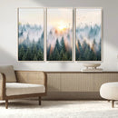 Misty Pine Forest Wall Art Canvas, Sunrise Over Foggy Trees