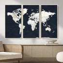 Black World Map Wall Art Canvas Print for Home Office and