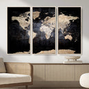 Grunge World Map Wall Art | 3-Panel Large Beige and Brown