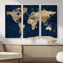 Navy Blue World Map Canvas Print – Detailed Map Minimal Navy
