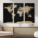 Beige World Map Canvas Wall Art Print, Minimal Black and