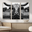 Black White Texas Longhorn Bull Canvas Wall Art, Western Ranch Cattle Photography Print, Rustic Farmhouse Cowboy Decor Artwork