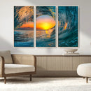 Ocean Wave Sunset Wall Art | Large Coastal Wave Canvas Print